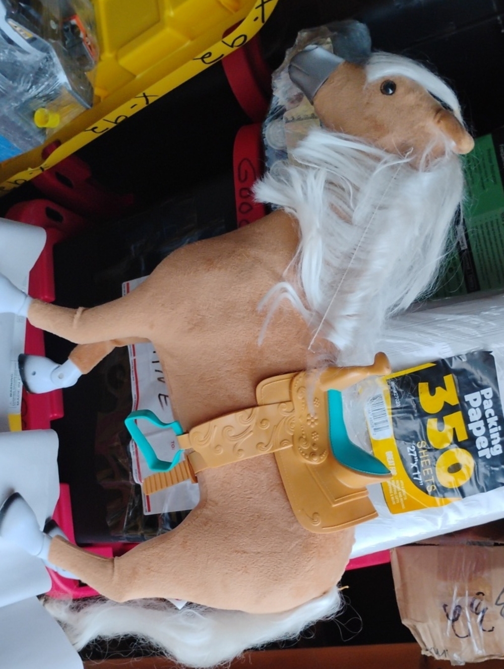 (X-92) My life Poseable Riding Horse Toy W Blonde Mane & Gold Saddle